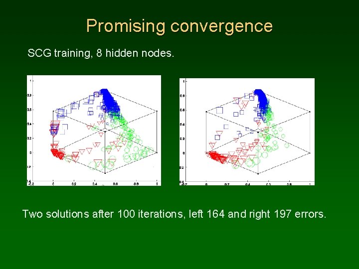 Promising convergence SCG training, 8 hidden nodes. Two solutions after 100 iterations, left 164