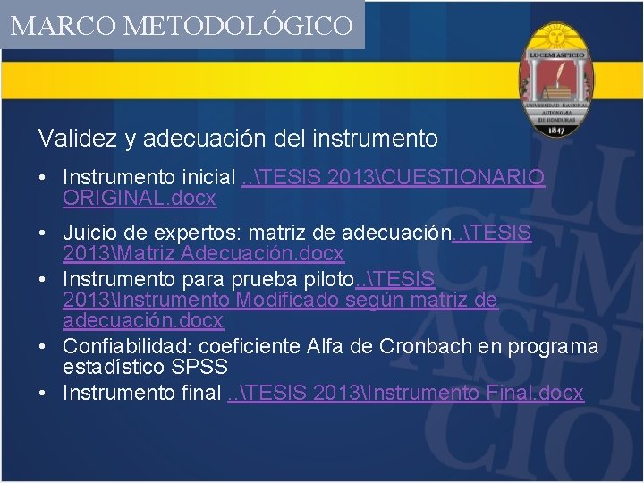 MARCO METODOLÓGICO Validez y adecuación del instrumento • Instrumento inicial. . TESIS 2013CUESTIONARIO ORIGINAL.