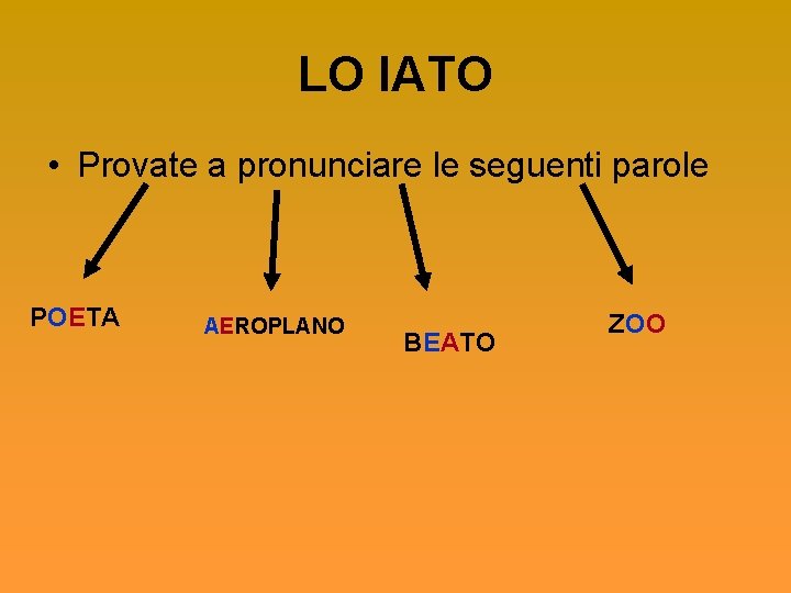 LO IATO • Provate a pronunciare le seguenti parole POETA AEROPLANO BEATO ZOO 