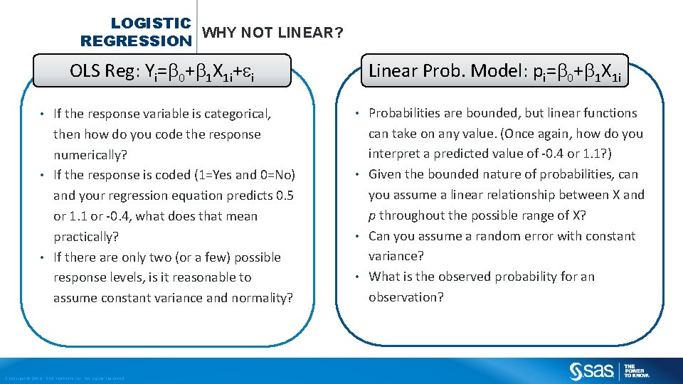 LOGISTIC WHY NOT LINEAR? REGRESSION OLS Reg: Yi= 0+ 1 X 1 i+ i