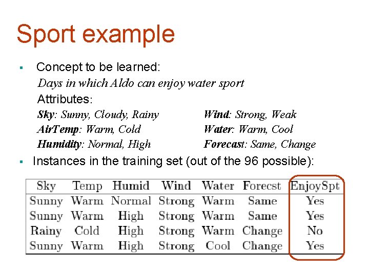 Sport example § Concept to be learned: Days in which Aldo can enjoy water