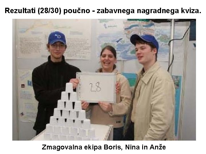 Rezultati (28/30) poučno - zabavnega nagradnega kviza. Zmagovalna ekipa Boris, Nina in Anže 