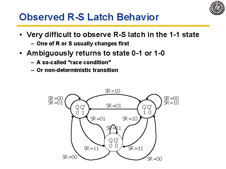 Observed R-S Latch Behavior • Very difficult to observe R-S latch in the 1