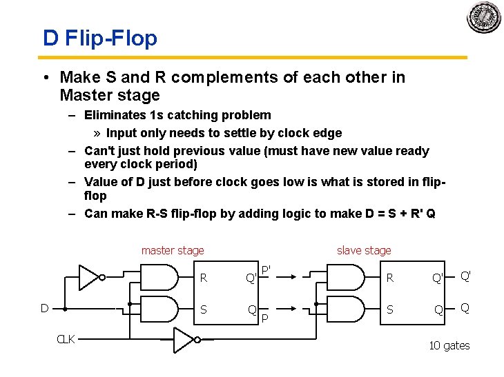 D Flip-Flop • Make S and R complements of each other in Master stage