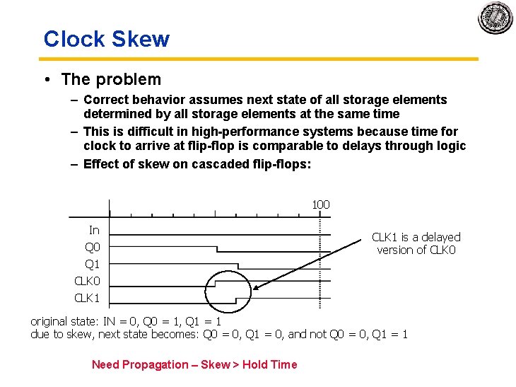 Clock Skew • The problem – Correct behavior assumes next state of all storage