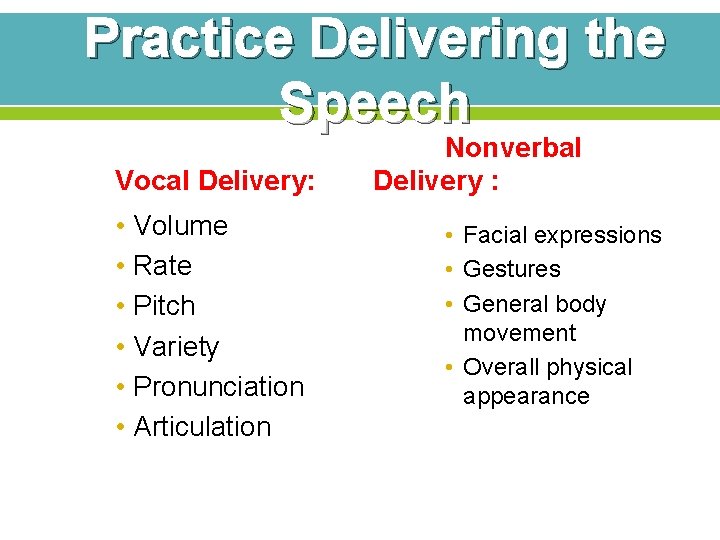 Practice Delivering the Speech Vocal Delivery: • Volume • Rate • Pitch • Variety Practice Delivering the Speech Vocal Delivery: • Volume • Rate • Pitch • Variety