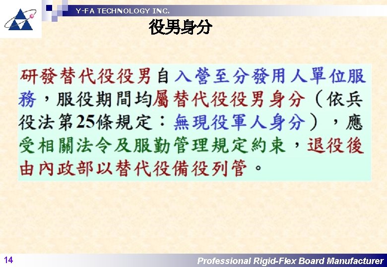 Y-FA TECHNOLOGY INC. 役男身分 14 Professional Rigid-Flex Board Manufacturer 