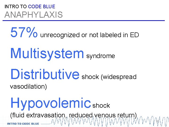 INTRO TO CODE BLUE ANAPHYLAXIS 57% unrecognized or not labeled in ED Multisystem syndrome INTRO TO CODE BLUE ANAPHYLAXIS 57% unrecognized or not labeled in ED Multisystem syndrome