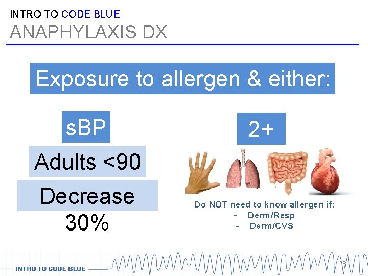 INTRO TO CODE BLUE ANAPHYLAXIS DX Exposure to allergen & either: s. BP 2+ INTRO TO CODE BLUE ANAPHYLAXIS DX Exposure to allergen & either: s. BP 2+