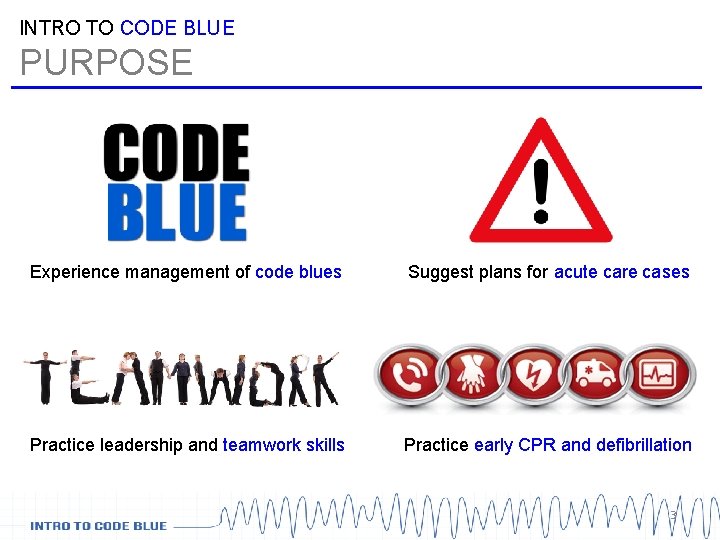 INTRO TO CODE BLUE PURPOSE Experience management of code blues Suggest plans for acute INTRO TO CODE BLUE PURPOSE Experience management of code blues Suggest plans for acute
