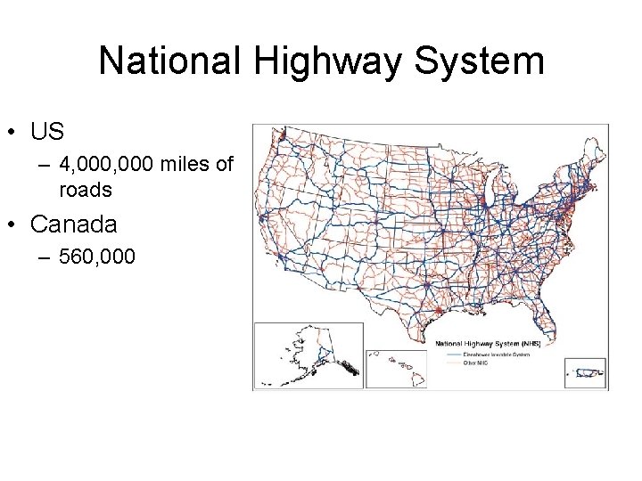 National Highway System • US – 4, 000 miles of roads • Canada –