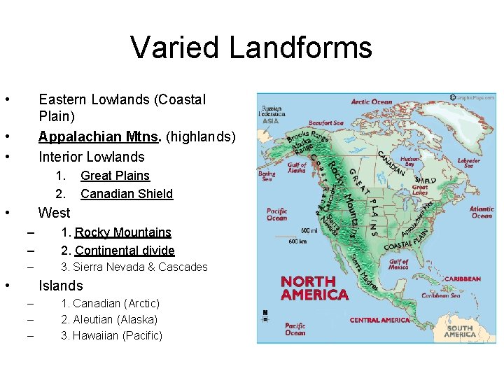 Varied Landforms • Eastern Lowlands (Coastal Plain) Appalachian Mtns. (highlands) Interior Lowlands • •