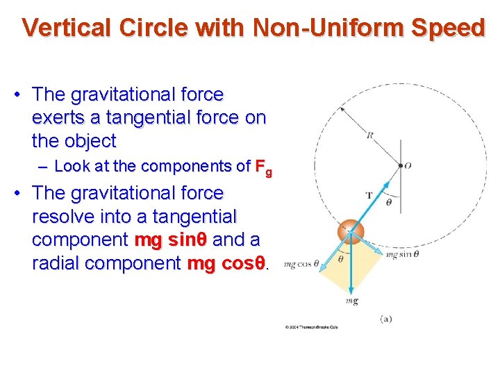 Vertical Circle with Non-Uniform Speed • The gravitational force exerts a tangential force on