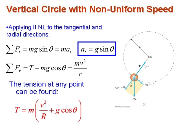 Vertical Circle with Non-Uniform Speed • Applying II NL to the tangential and radial