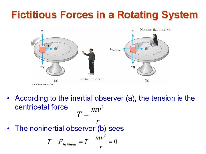 Fictitious Forces in a Rotating System • According to the inertial observer (a), the
