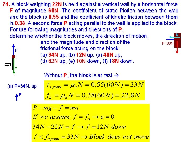 74. A block weighing 22 N is held against a vertical wall by a