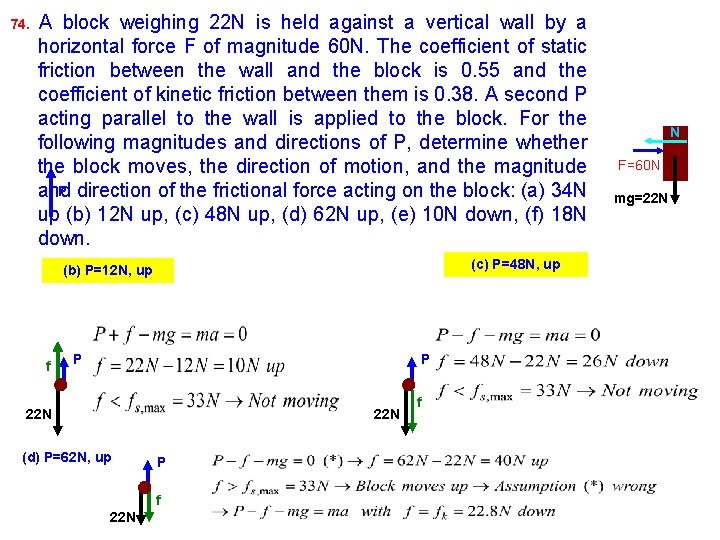 74. A block weighing 22 N is held against a vertical wall by a