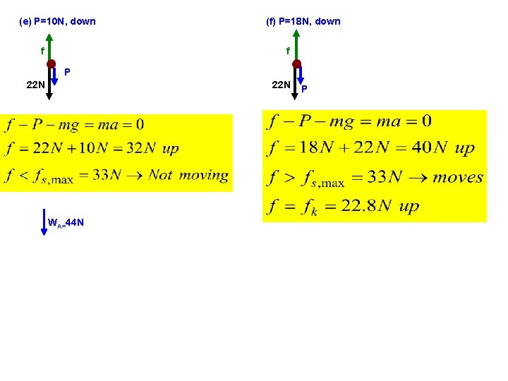 (e) P=10 N, down f (f) P=18 N, down f P 22 N WA=44