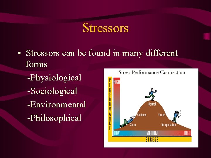 Stressors • Stressors can be found in many different forms -Physiological -Sociological -Environmental -Philosophical