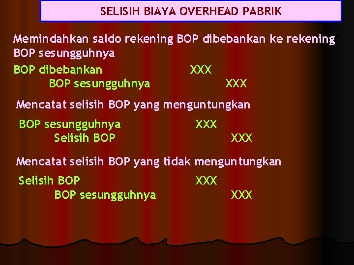 SELISIH BIAYA OVERHEAD PABRIK Memindahkan saldo rekening BOP dibebankan ke rekening BOP sesungguhnya BOP