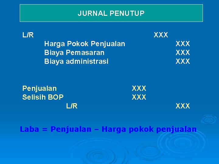 JURNAL PENUTUP L/R XXX Harga Pokok Penjualan Biaya Pemasaran Biaya administrasi Penjualan Selisih BOP