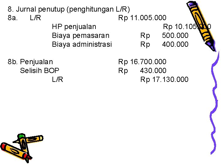 8. Jurnal penutup (penghitungan L/R) 8 a. L/R Rp 11. 005. 000 HP penjualan