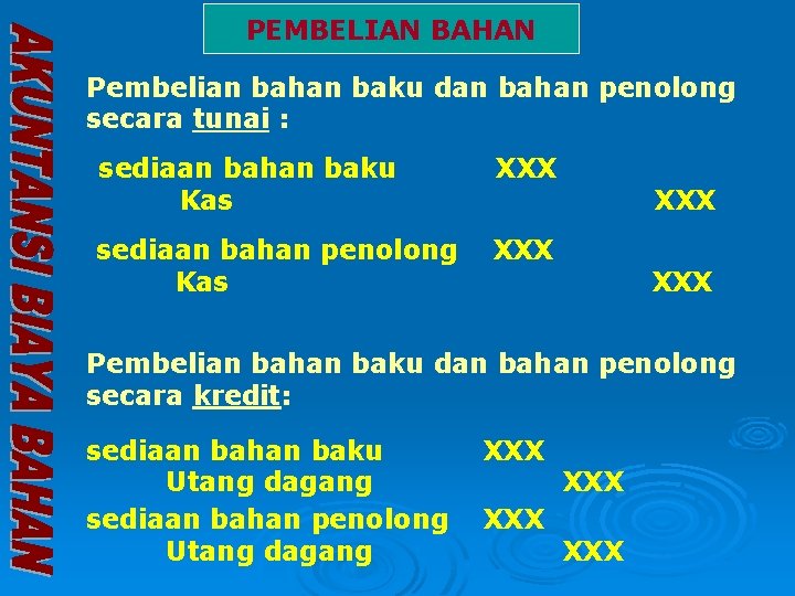 PEMBELIAN BAHAN Pembelian bahan baku dan bahan penolong secara tunai : sediaan bahan baku