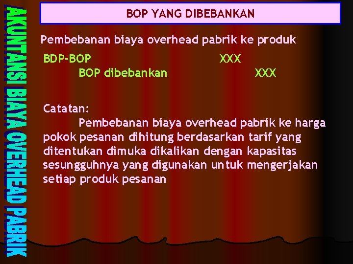 BOP YANG DIBEBANKAN Pembebanan biaya overhead pabrik ke produk BDP-BOP dibebankan XXX Catatan: Pembebanan