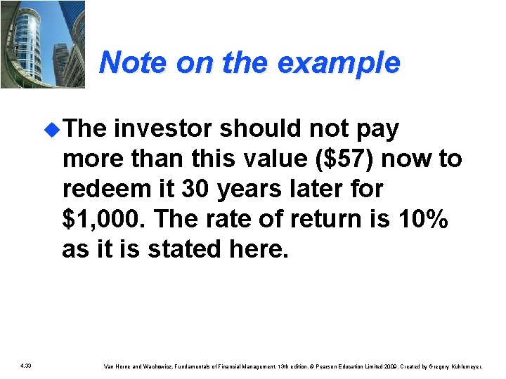 Note on the example u. The investor should not pay more than this value