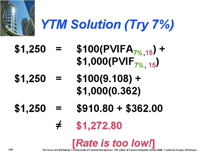 YTM Solution (Try 7%) $1, 250 = $100(PVIFA 7%, 15) + $1, 000(PVIF 7%,