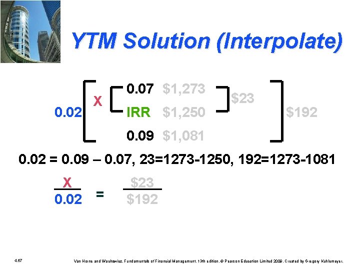 YTM Solution (Interpolate) 0. 02 X 0. 07 $1, 273 IRR $1, 250 $23