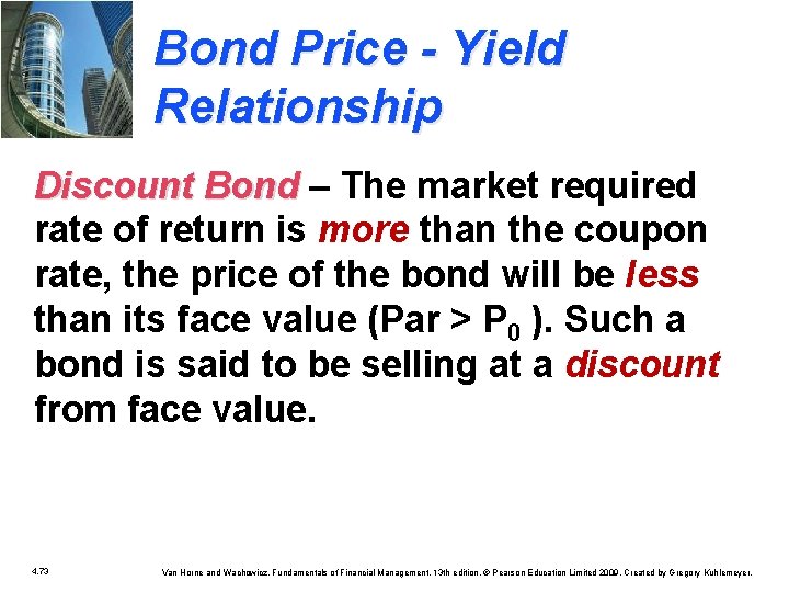 Bond Price - Yield Relationship Discount Bond – The market required rate of return