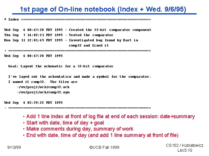1 st page of On-line notebook (Index + Wed. 9/6/95) * Index =============================== Wed