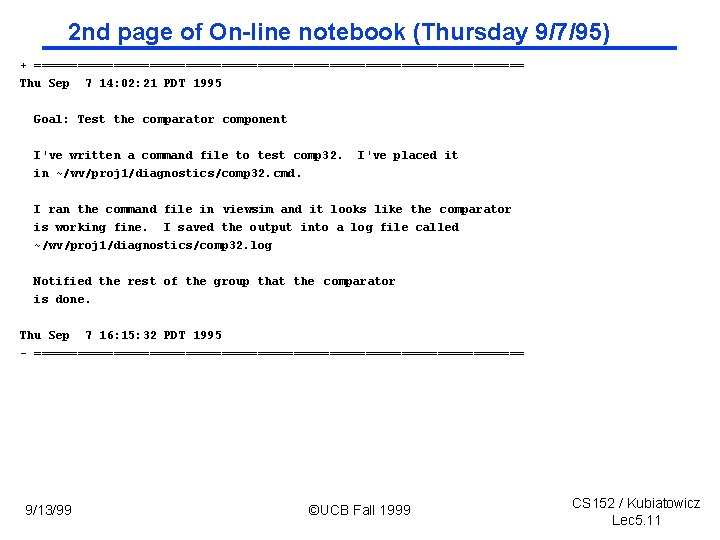 2 nd page of On-line notebook (Thursday 9/7/95) + ================================== Thu Sep 7 14: