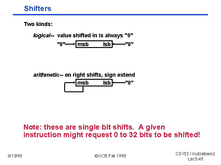 Shifters Two kinds: logical-- value shifted in is always "0" msb lsb "0" arithmetic--