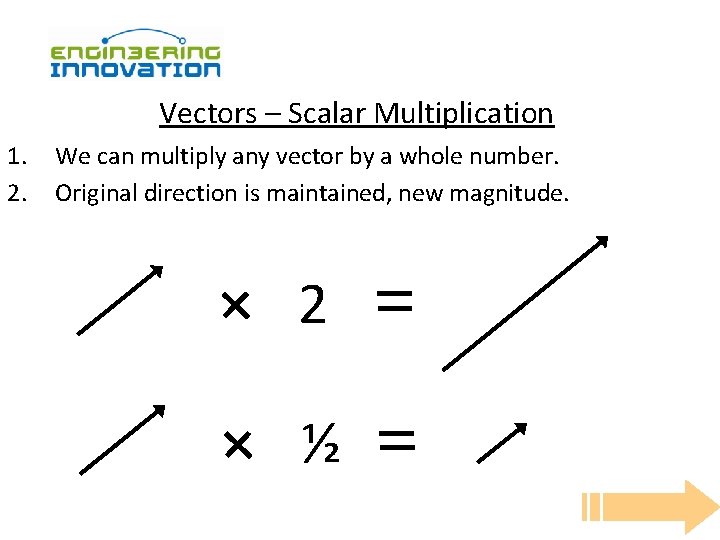 Vectors – Scalar Multiplication 1. 2. We can multiply any vector by a whole
