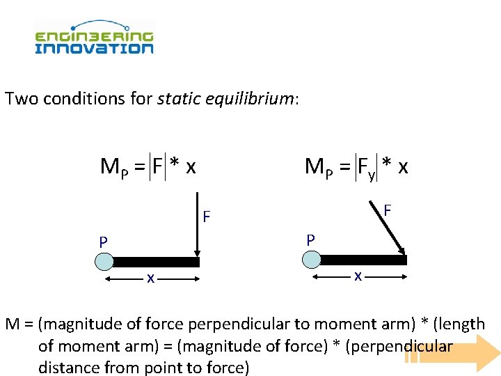 Two conditions for static equilibrium: MP = F * x M P = Fy