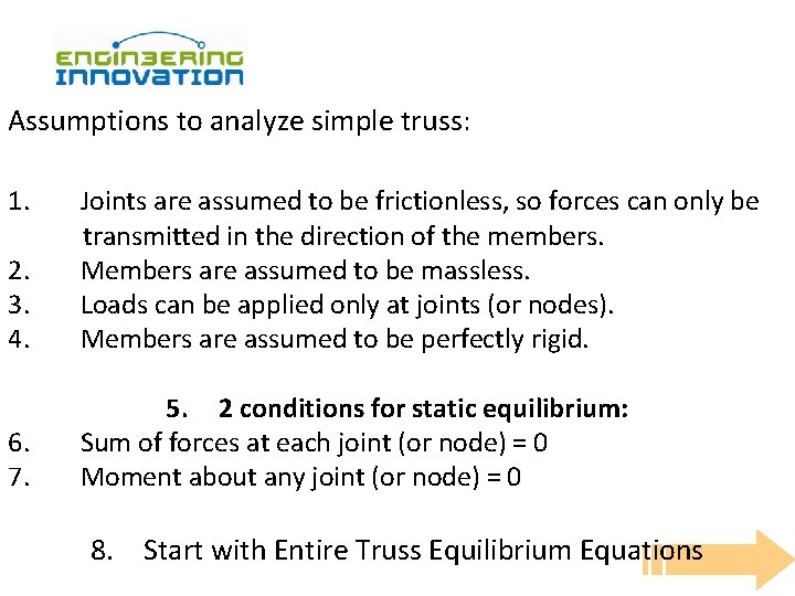 Assumptions to analyze simple truss: 1. 2. 3. 4. Joints are assumed to be