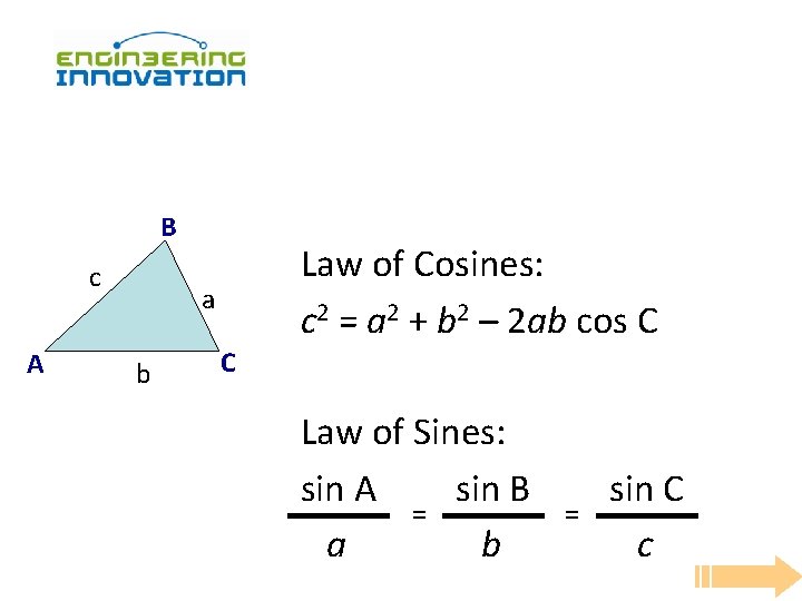 B c A Law of Cosines: c 2 = a 2 + b 2
