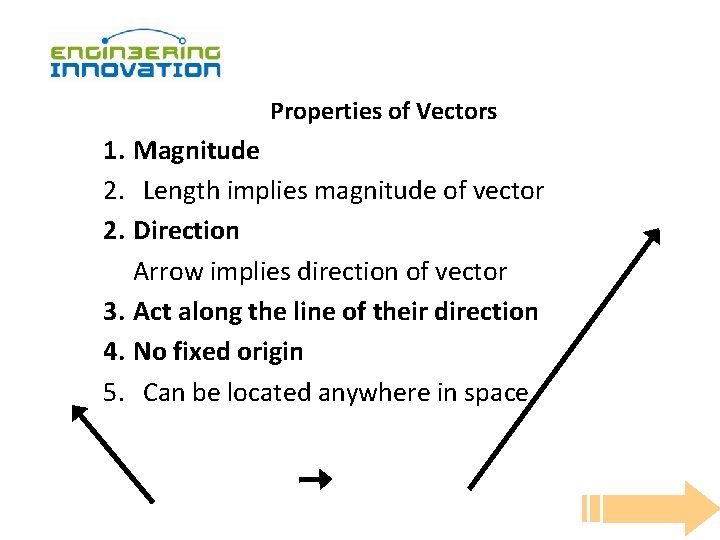 Properties of Vectors 1. Magnitude 2. Length implies magnitude of vector 2. Direction Arrow