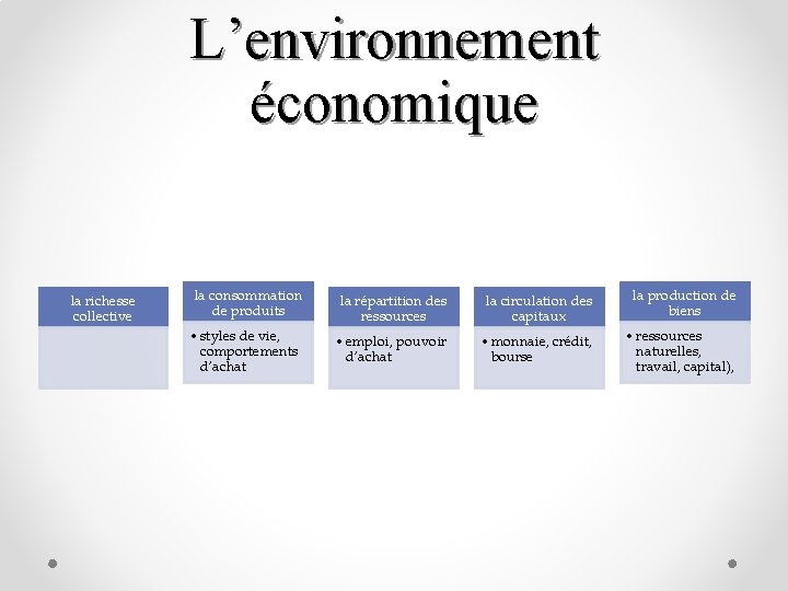 L’environnement économique la richesse collective la consommation de produits • styles de vie, comportements