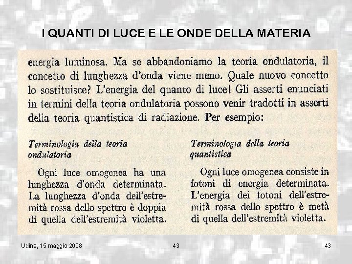 I QUANTI DI LUCE E LE ONDE DELLA MATERIA Udine, 15 maggio 2008 43