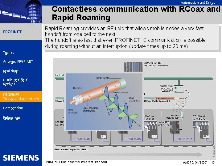 Automation and Drives Contactless communication with RCoax and Rapid Roaming PROFINET Rapid Roaming provides