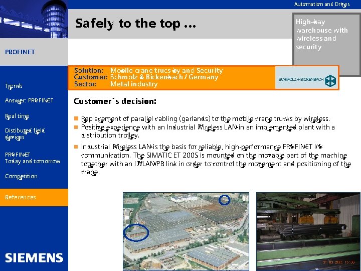 Automation and Drives Safely to the top. . . PROFINET High-bay warehouse with wireless Automation and Drives Safely to the top. . . PROFINET High-bay warehouse with wireless