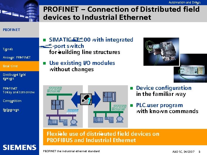 Automation and Drives PROFINET – Connection of Distributed field devices to Industrial Ethernet PROFINET