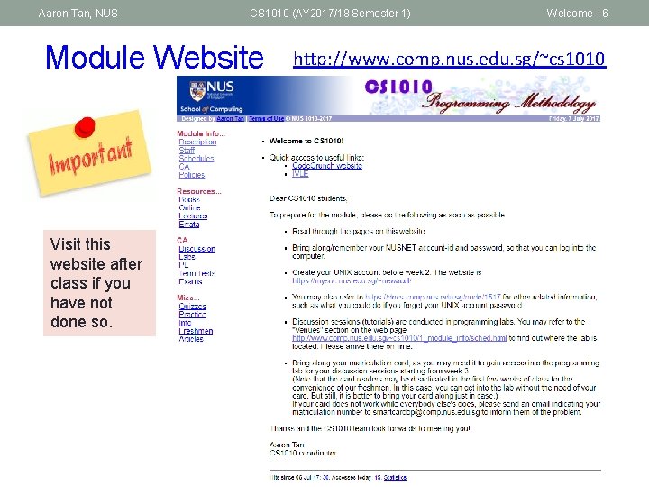 Aaron Tan, NUS CS 1010 (AY 2017/18 Semester 1) Module Website Visit this website