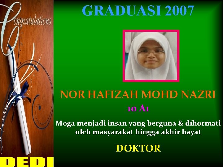 GRADUASI 2007 NOR HAFIZAH MOHD NAZRI 10 A 1 Moga menjadi insan yang berguna