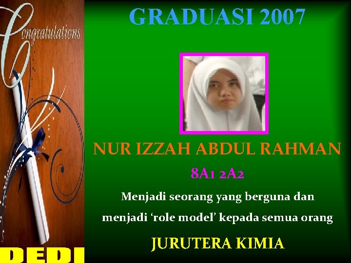 GRADUASI 2007 NUR IZZAH ABDUL RAHMAN 8 A 1 2 A 2 Menjadi seorang