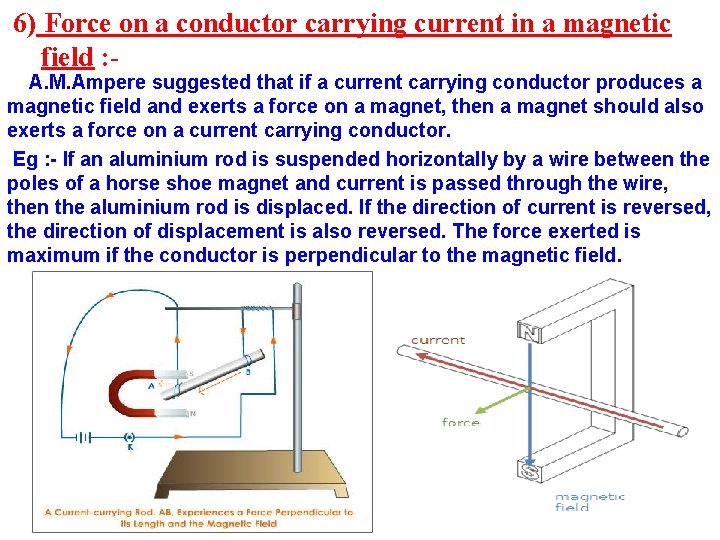 6) Force on a conductor carrying current in a magnetic field : - A.