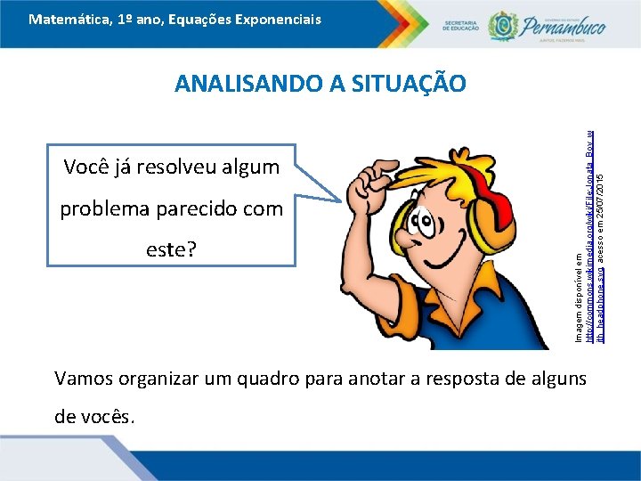 Matemática, 1º ano, Equações Exponenciais Você já resolveu algum problema parecido com este? Imagem